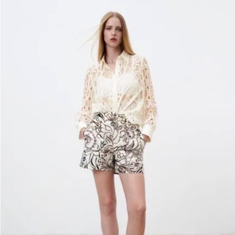 Zara High Waist 28 Ecru Print 100% Cotton Jewel Embroidered Shorts Small - Picture 5 of 16